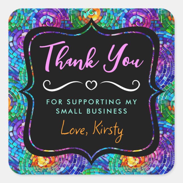 Rainbow Jewel Tone Mosaic Glass Small Business Square Sticker (Front)