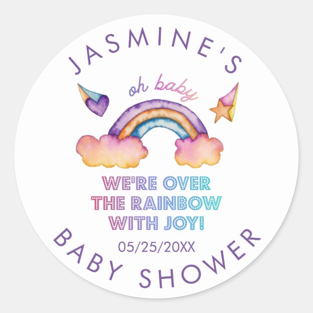 Rainbow Joy Baby Shower Favour Classic Round Sticker (Front)