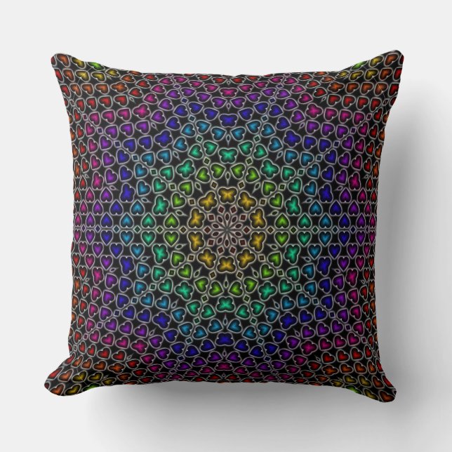 Rainbow Kaleidoscope Hearts Pattern Throw Pillow (Front)