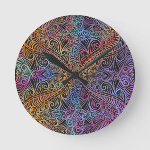 Rainbow Kaleidoscope Mandala Round Clock