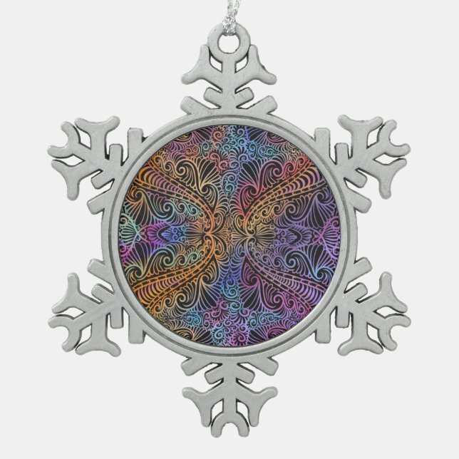 Rainbow Kaleidoscope Mandala Snowflake Pewter Christmas Ornament (Front)