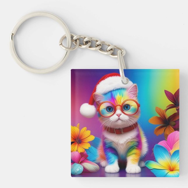 Rainbow Kitten Santa Claus-57357 Key Ring (Front)