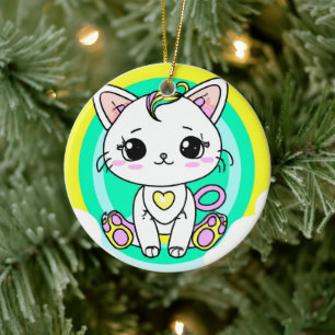 Rainbow kitty ceramic ornament