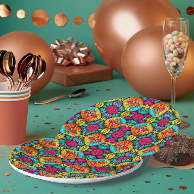 Rainbow Knitted Bloom Pattern Paper Plate (Multi)