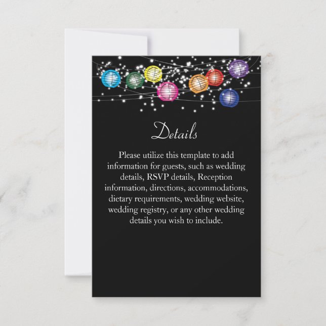 Rainbow Lanterns Lesbian Gay Wedding Details Black RSVP Card (Front)