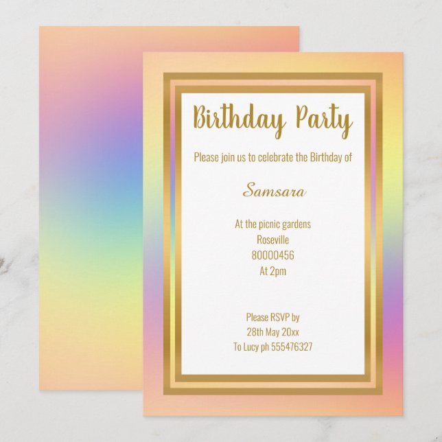 RAINBOW LAYER  GOLD ALL OCCASION BIRTHDAY INVITATION (Front/Back)