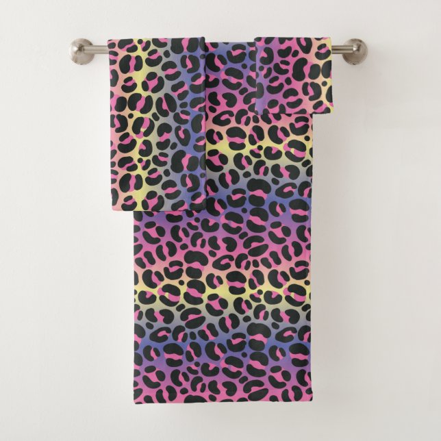 Rainbow Leopard Animal Print Pattern Bath Towel Set (Insitu)