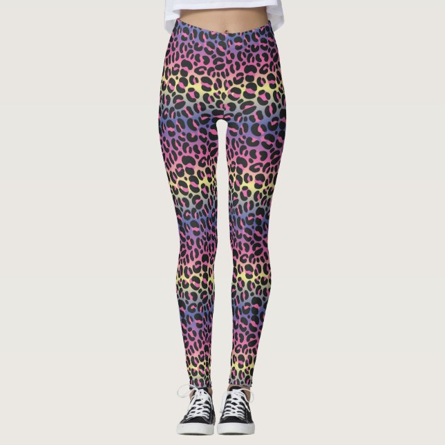 Rainbow Leopard Animal Print Pattern Leggings (Front)