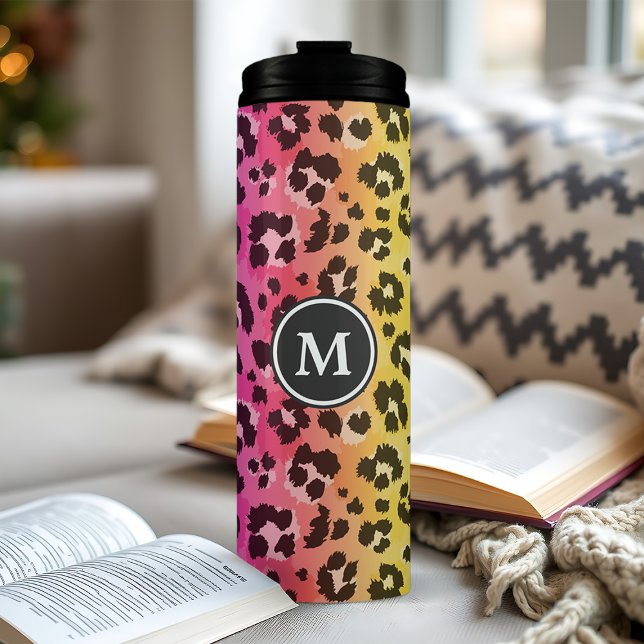Rainbow Leopard Animal Print Pattern Monogrammed Thermal Tumbler (Creator Uploaded)