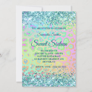 Rainbow Leopard Faux Teal Glitter Sweet 16 Invitation
