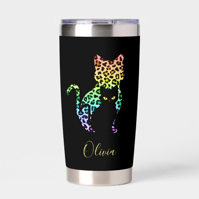 Rainbow Leopard Print Cat Silhouette & Black Kitty Insulated Tumbler (Front)
