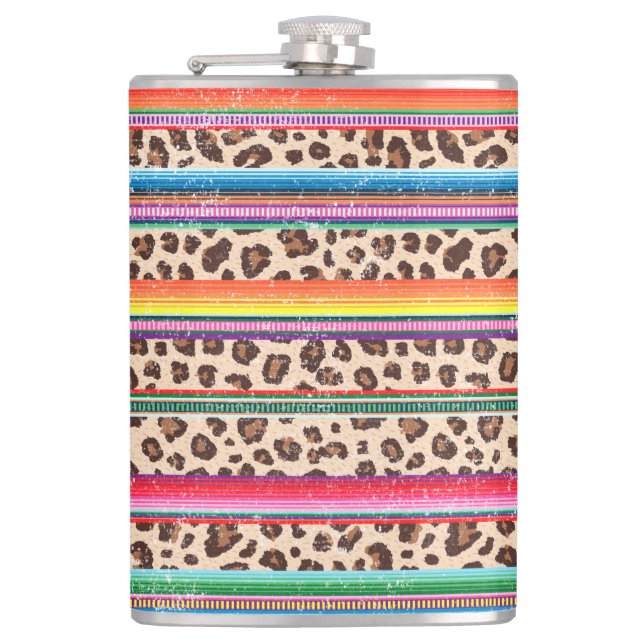 Rainbow Leopard Print Modern Girly Animal Pattern Hip Flask (Front)