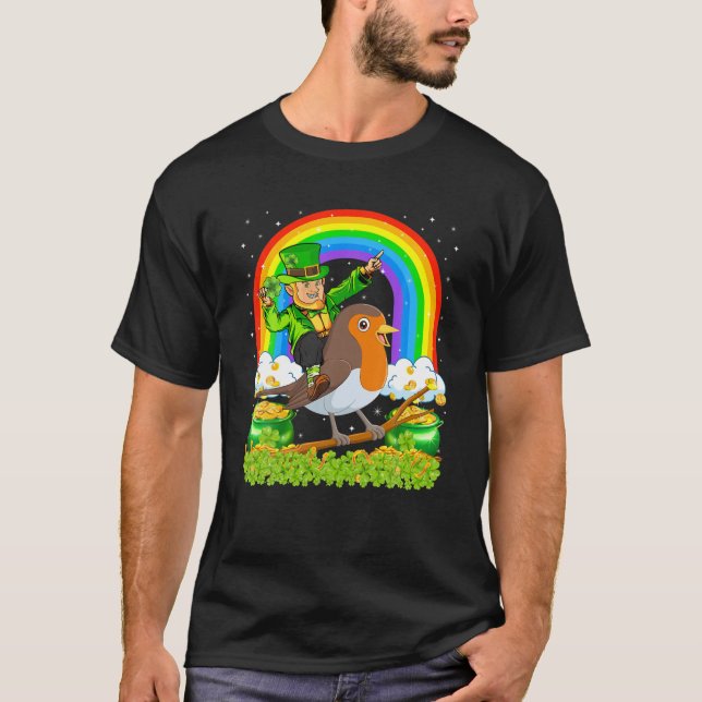 Rainbow Leprechaun Riding American Robin Bird St P T-Shirt (Front)