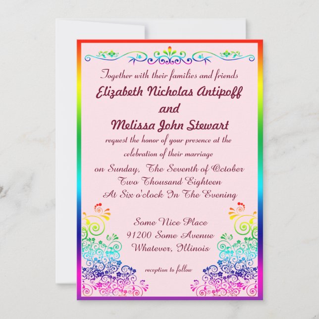 Rainbow Lesbian Elegant Stylish Pride Wedding Invitation (Front)