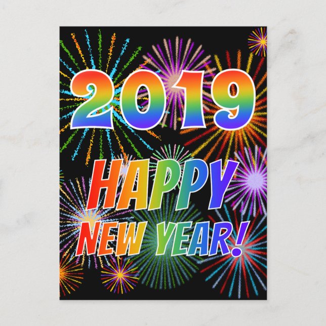 Rainbow Letters "2019" + "HAPPY NEW YEAR!" Postcard (Front)
