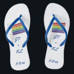 Rainbow LGBT Gay Wedding Layer Cake Flip Flops<br><div class="desc">Flip-flops feature an original marker illustration of a rainbow wedding cake slice topped with vanilla frosting. Simply personalise with your initials and date information for a unique wedding favour!</div>