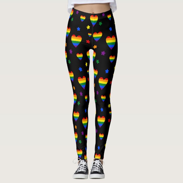 Rainbow LGBT Hearts and Colourful Flowers Pattern Leggings (Front)