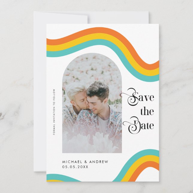 Rainbow LGBTQ Gay Couple Photo Wedding Colourful Save The Date (Front)