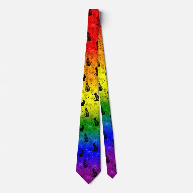 Rainbow LGBTQ Pride Black Cat - Mystical Witchy Tie (Front)