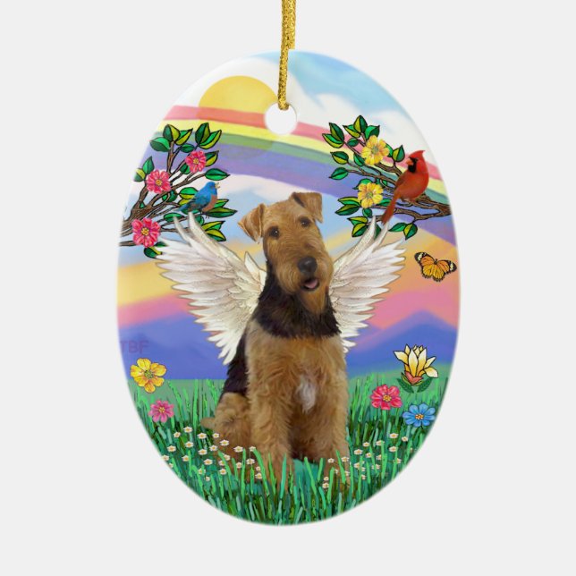 Rainbow Life - Airedale Angel Ceramic Tree Decoration (Front)