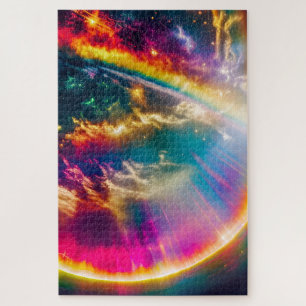 Rainbow Light Shining Through Clouds in Starry Sky Jigsaw Puzzle
