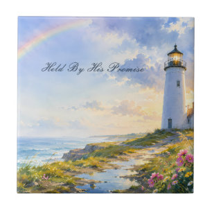 Rainbow Lighthouse Coastal Watercolor Ceramic Tile