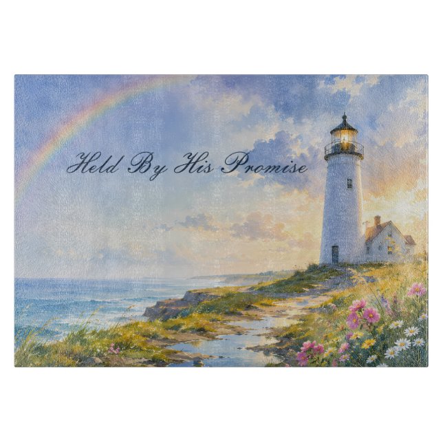 Rainbow Lighthouse Coastal Watercolor Cutting Board (Front)