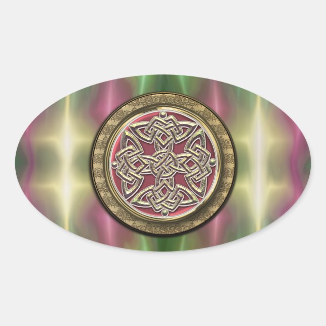 Rainbow Lights Gold Stone Celtic Shield Knot Oval Sticker (Front)