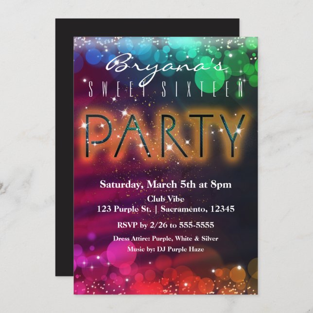 Rainbow Lights Sparkle Dance Club Party Invitation (Front/Back)