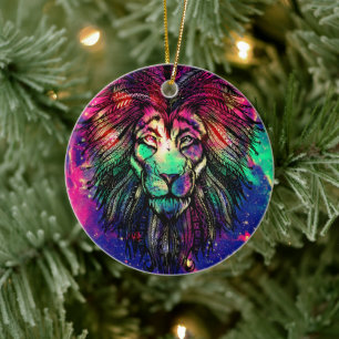Rainbow Lion Hipster Galaxy Ceramic Ornament