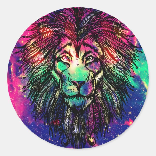 Rainbow Lion Hipster Galaxy Classic Round Sticker (Front)