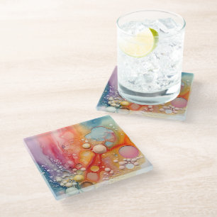 Rainbow Liquid Pour Cells Art Abstract Design Glass Coaster