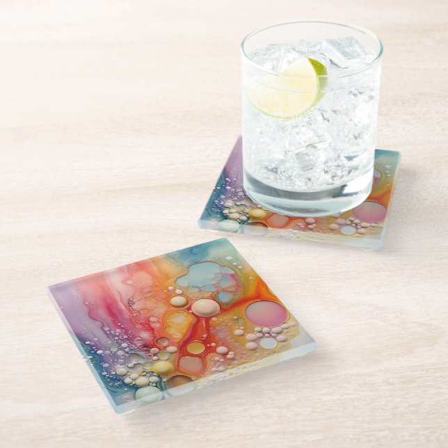 Rainbow Liquid Pour Cells Art Abstract Design  Glass Coaster (Angled)