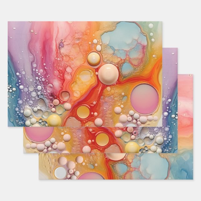 Rainbow Liquid Pour Cells Art Abstract Design  Wrapping Paper Sheet (Set)