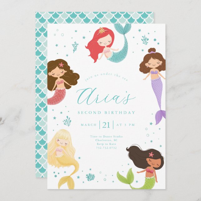 Rainbow Little Mermaid Birthday Invitation (Front/Back)