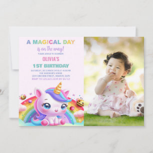 Rainbow Little Unicorn Birthday Invitations photo