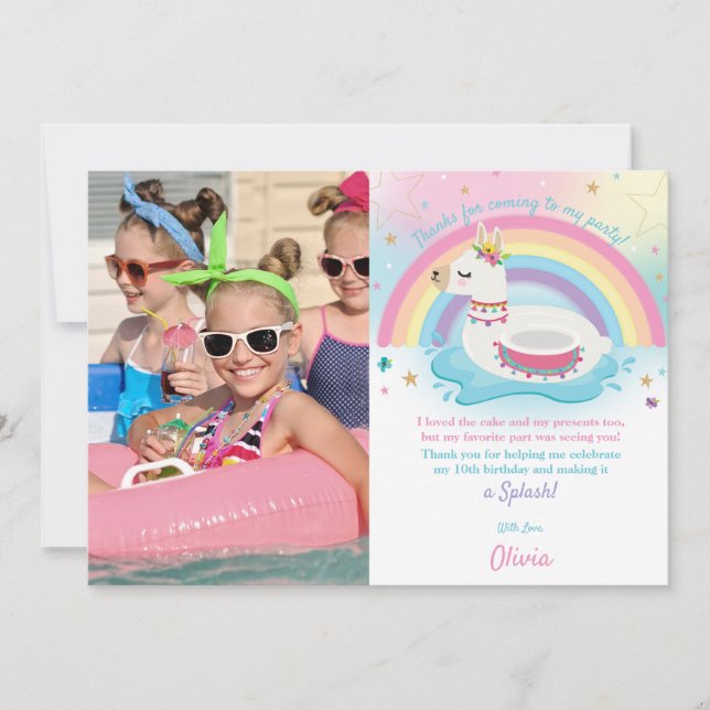 Rainbow Llama Fun Pool Party Birthday Girl Photo Thank You Card (Front)