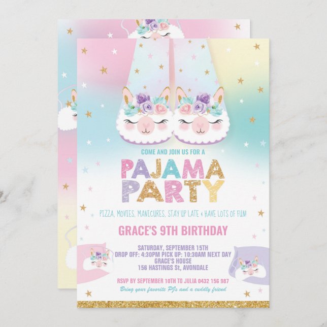 Rainbow Llama Pajama Birthday Party Sleepover Invitation (Front/Back)
