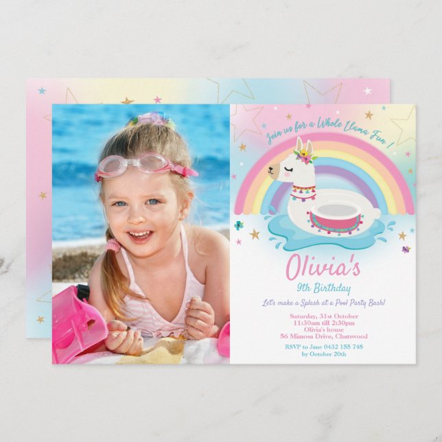 Rainbow Llama Pool Party Birthday Girl Photo Invitation (Front/Back)