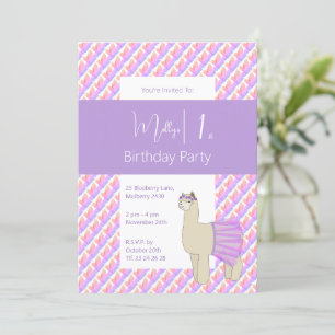 Rainbow Llama Purple Girls 1st Birthday Invitation