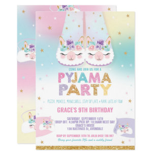 Rainbow Llama Pyjama Birthday Party Sleepover Invitation