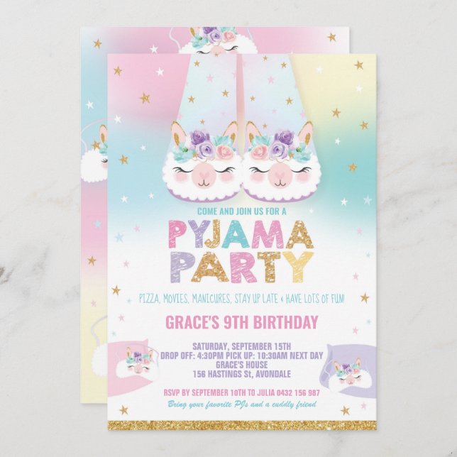 Rainbow Llama Pyjama Birthday Party Sleepover Invitation (Front/Back)