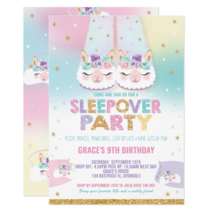 Rainbow Llama Sleepover Birthday Party Pajama Invitation