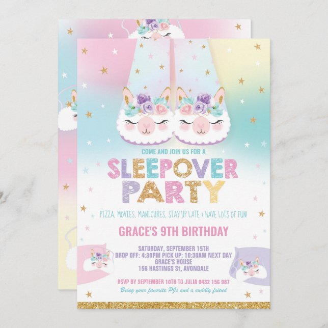 Rainbow Llama Sleepover Birthday Party Pajama Invitation (Front/Back)
