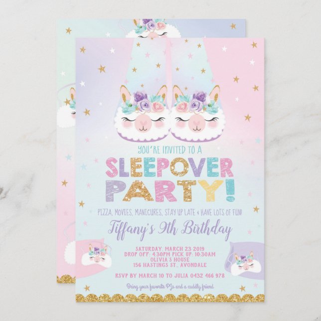 Rainbow Llama Sleepover Birthday Party Slumber Invitation (Front/Back)