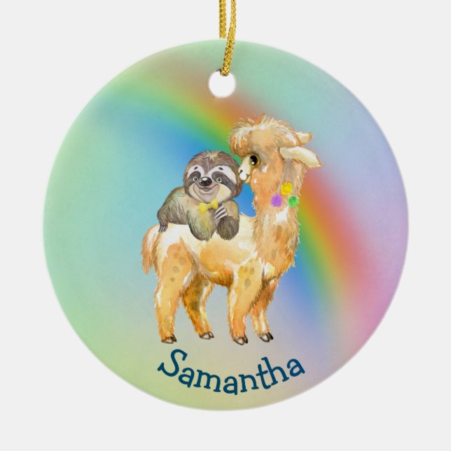 Rainbow Llama Sloth Personalised Adorable Ceramic Ornament (Front)