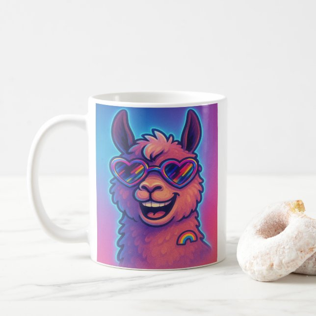 Rainbow Llama with Heart Pride Shades Coffee Mug (With Donut)