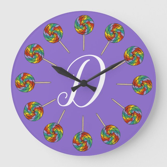 Rainbow Lollipop Candy Lolly Purple Initial Large Clock (Front)
