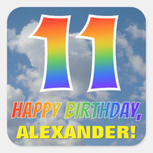 Rainbow Look "11" & "HAPPY BIRTHDAY", Clouds, Sky Square Sticker
