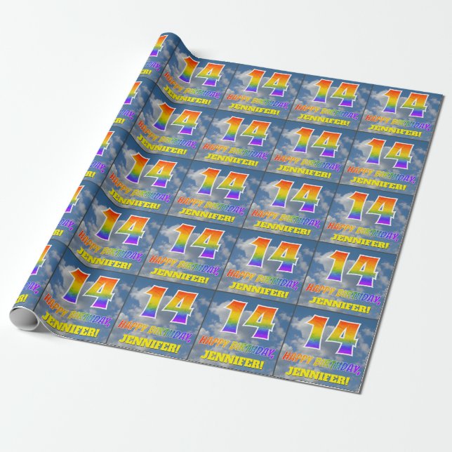 Rainbow Look "14" & "HAPPY BIRTHDAY", Clouds, Sky Wrapping Paper (Unrolled)